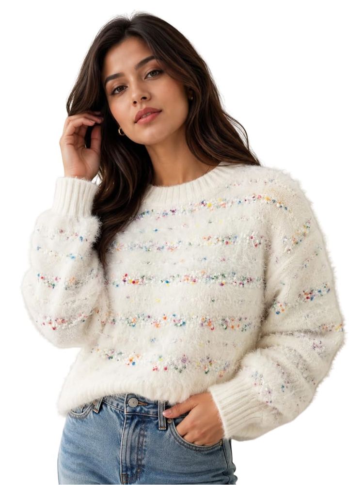 Women's Woolen Fuzzy Knit Sweater | Soft Fluffy Winter Pullover | Full Sleeve Round Neck Cozy Knit Top | Casual Winter Wear for Women