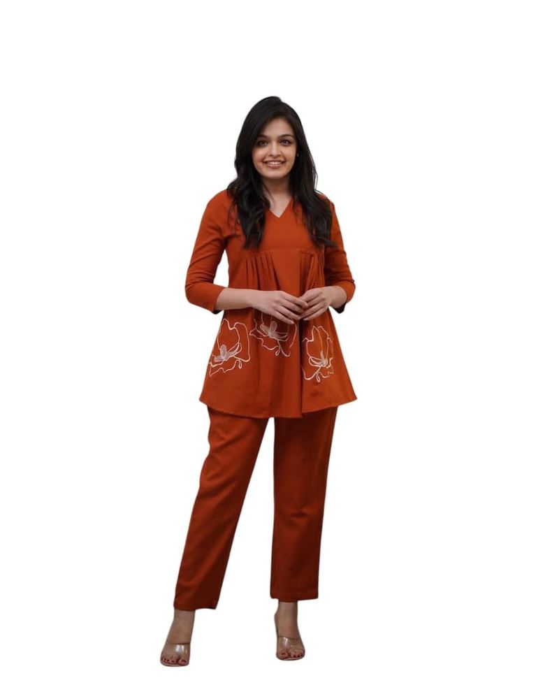 Women's Cotton Rose Printed Short Anarkali Kurta with Pant Cord Set
