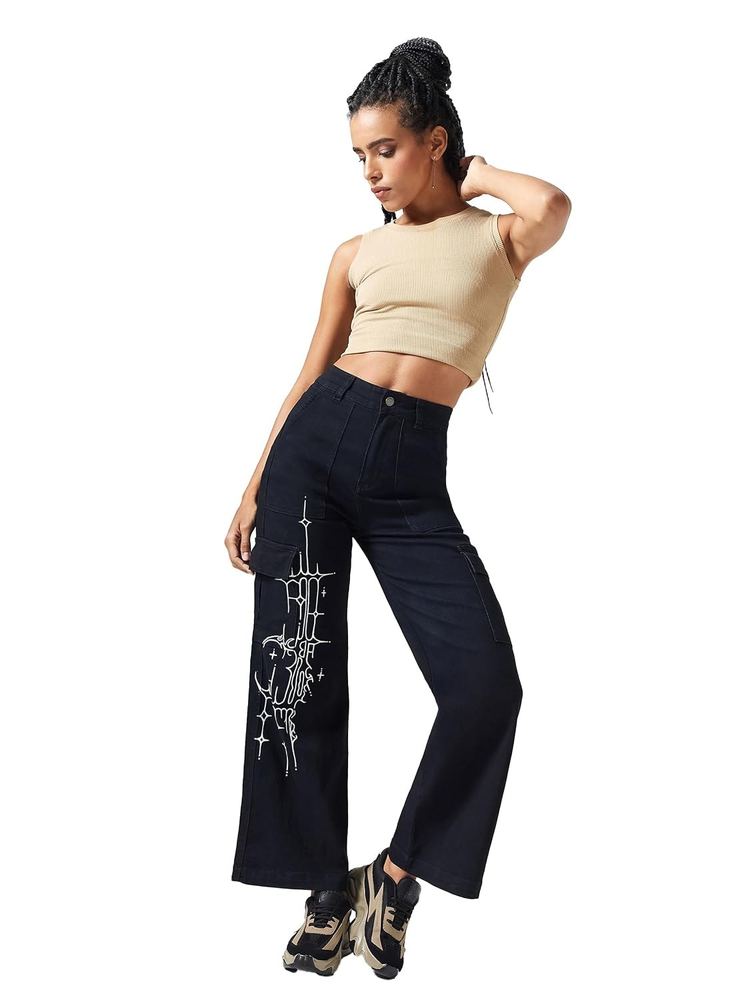 Dolce Crudo Women's Wide-Leg with Night-Glow Hand Painted Artwork High-Rise Regular-Length Stretchable Denim Cargo Jeans
