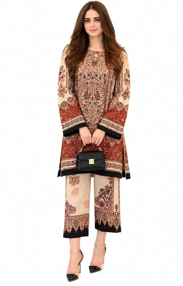 Women's Latest Brown And Beige Rayon Floral Digital Print Ethnic Regualr Fit Co-Ord Set