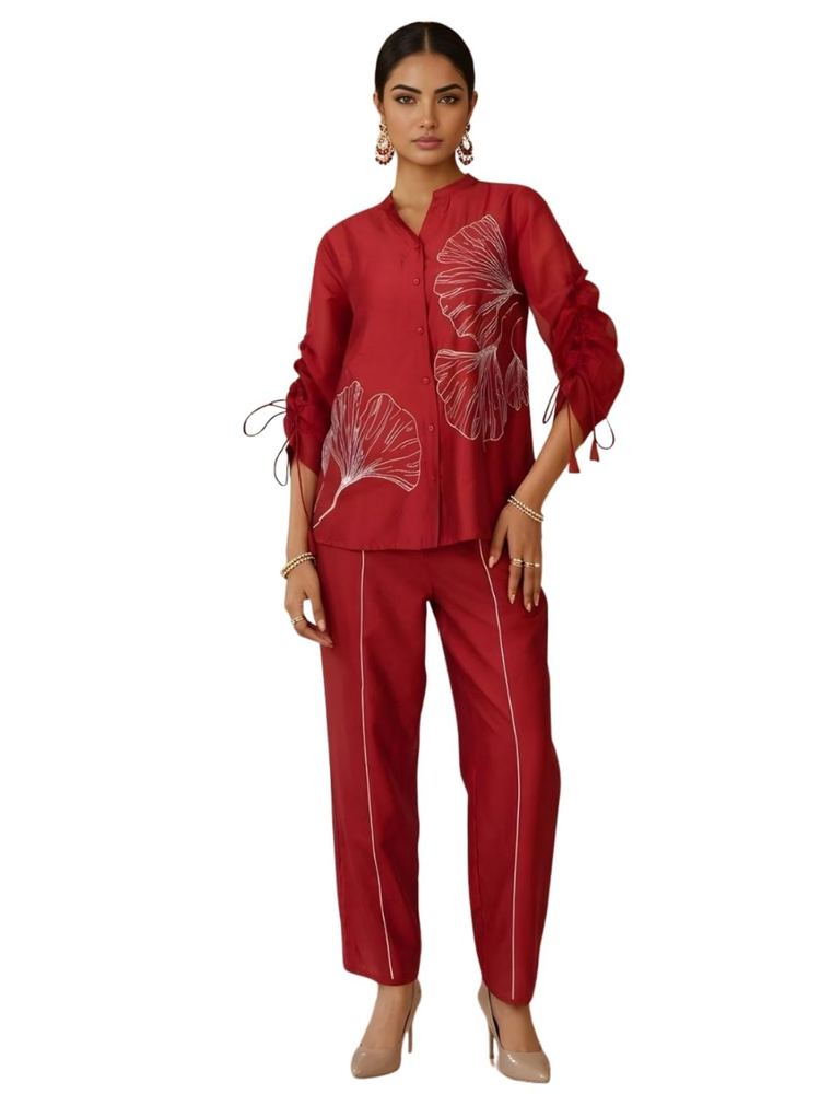 Women's Chanderi Co-ord Set 3/4 Sleeve Midi Traditional Style