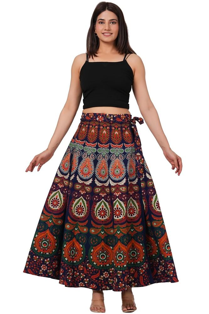 BROWN SAND Women's Printed Wrap Around Maxi Skirt Adjustable Tie-Up Closure, Free Size, (Fit Up to 40" inc Waist) Flared Long Skirt Lightweight Casual Beach Vacation Wear