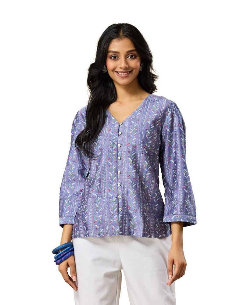 Fabindia Women's Cotton Silk Hand Block Printed Regular Fit Top