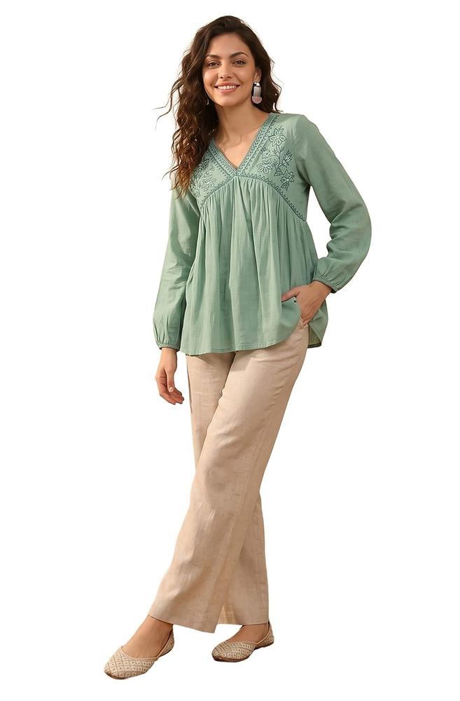 Janasya Women's Aqua Green Linen Cotton Embroidered A-Line Top