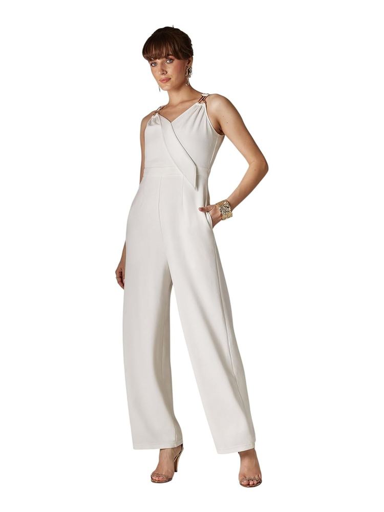 Miss Chase Women's V-Neck Sleeveless Wrap Regular-Length Polyester Jumpsuit