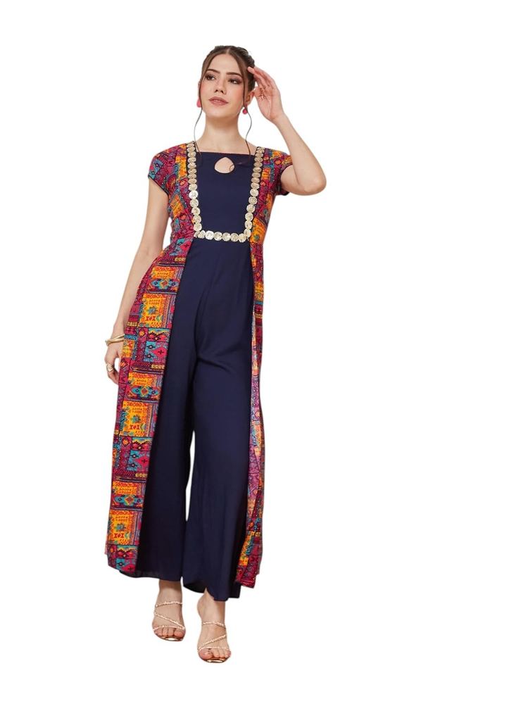 Miss Chase Women's Keyhole-Neck Regular Sleeve Bohemian Paneled Viscose-Rayon Regular-Length Jumpsuit