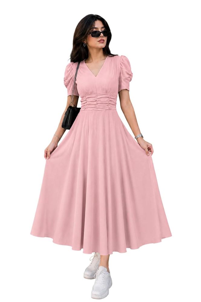Preneum Girl's & Women's Solid Color V-Neck A-Line Maxi Dress for Women | New Year Party Outfit | Waist Cinched Puff Sleeve Western | Elegant Casual Wear (Availble in Plus Size)