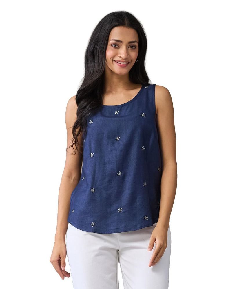 Fabindia Women's Viscose Silk Hand Embroidered Regular Fit Top