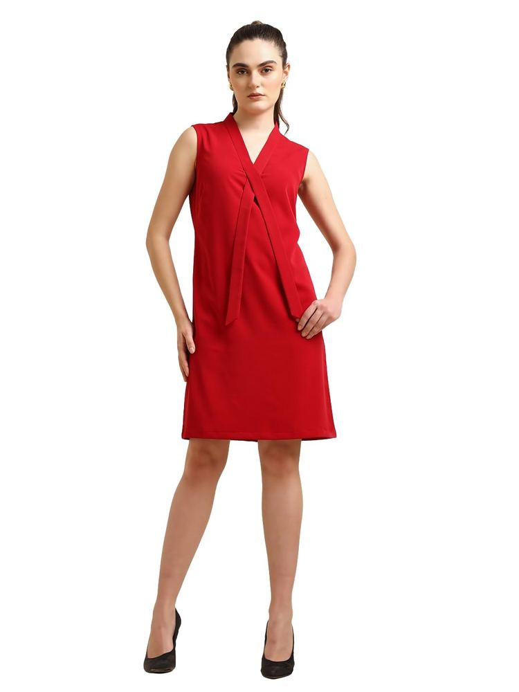 Office & You Women's Red Crepe Dress with Tie-Up Detail | Stylish Casual Western Dress | Elegant Midi Dress for Office, Brunch, Party, Travel & Everyday Wear