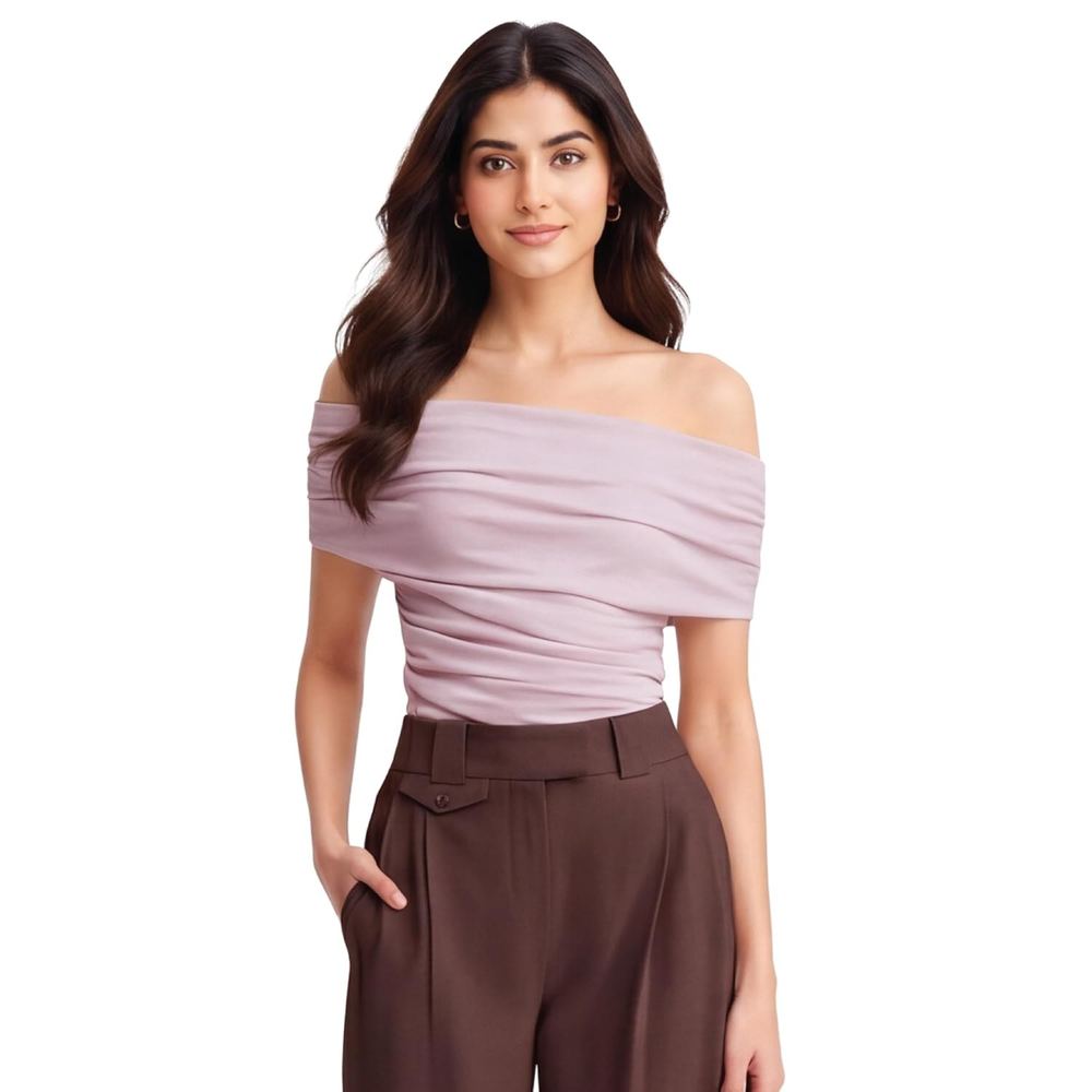 Off Shoulder Top for Women Stylish Bardot Top Short Sleeve Slim Fit Body Fit Ruched Western Stretchable Party Casual Wear