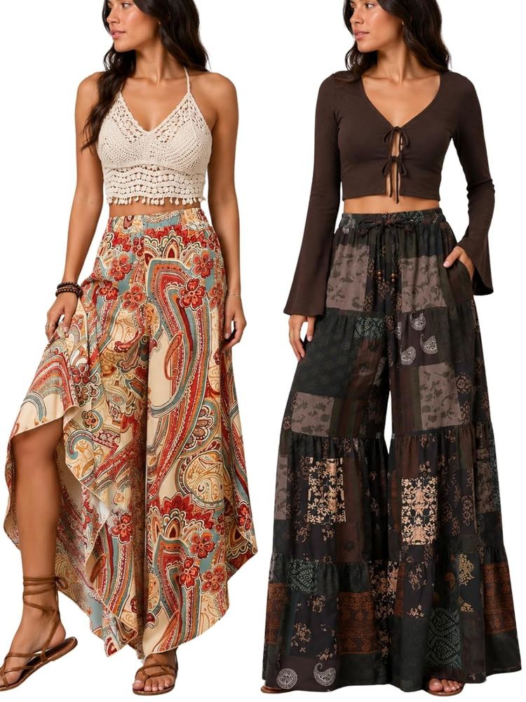 GRECIILOOKS Boho Printed Wide Leg Palazzo Pants for Women, Flowing High Waist Rayon Trousers for Beach, Vacation, Lounge, and Summer Style