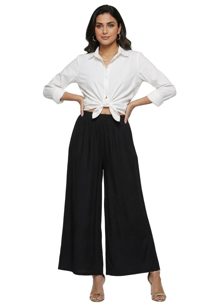 Women's Solid Rayon Palazzo Pants | Elastic Waist | Wide Leg | Soft & Comfortable | Casual, Ethnic