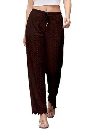 Casual Loose Fit Textured Palazzo Pants | Elastic Waist Wide Leg Trousers | Comfortable Everyday Casual & Lounge Wear | Coffee Brown | Pack of 1