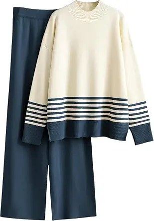 Kvetoo Women Winter Coord Set Wool Blend Tracksuit High Neck Sweater and Wide Leg Pants Warm Knitwear Pyjama Set for Casual Office Travel Wear