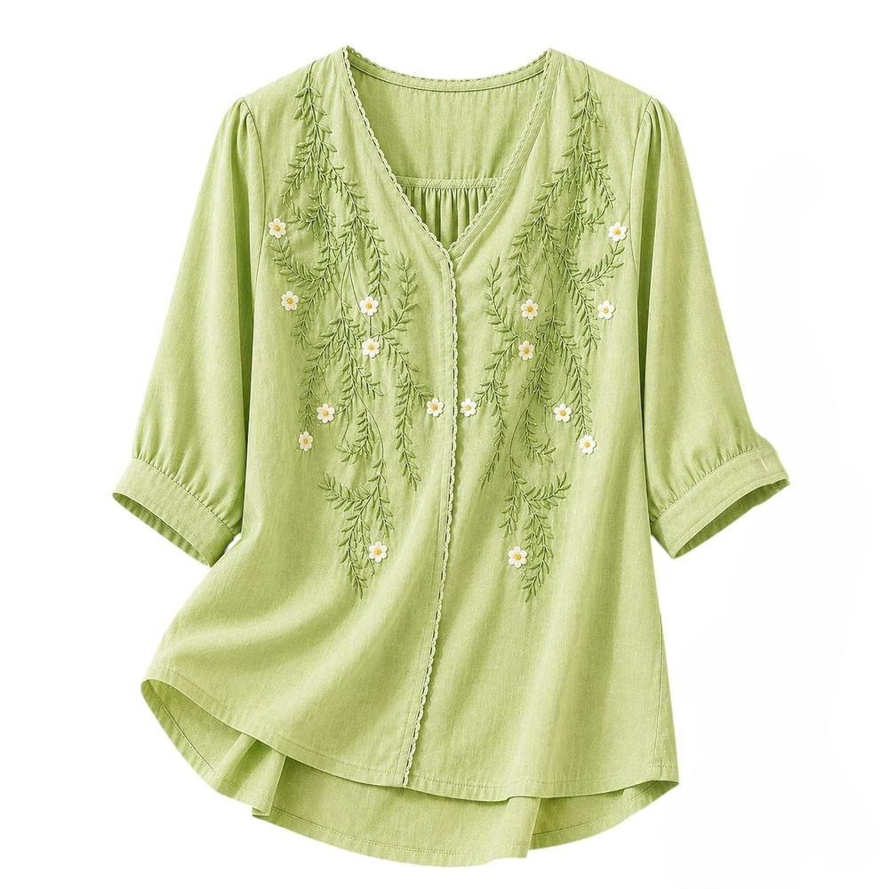 RIEKA Womens Embroidered Korean Style Top and Tunic; V Neck| Floral Thread Embroidery| Three Quarter Puff Sleeves |Relaxed Fit Curved Hem| Casual Everyday Fusion Top