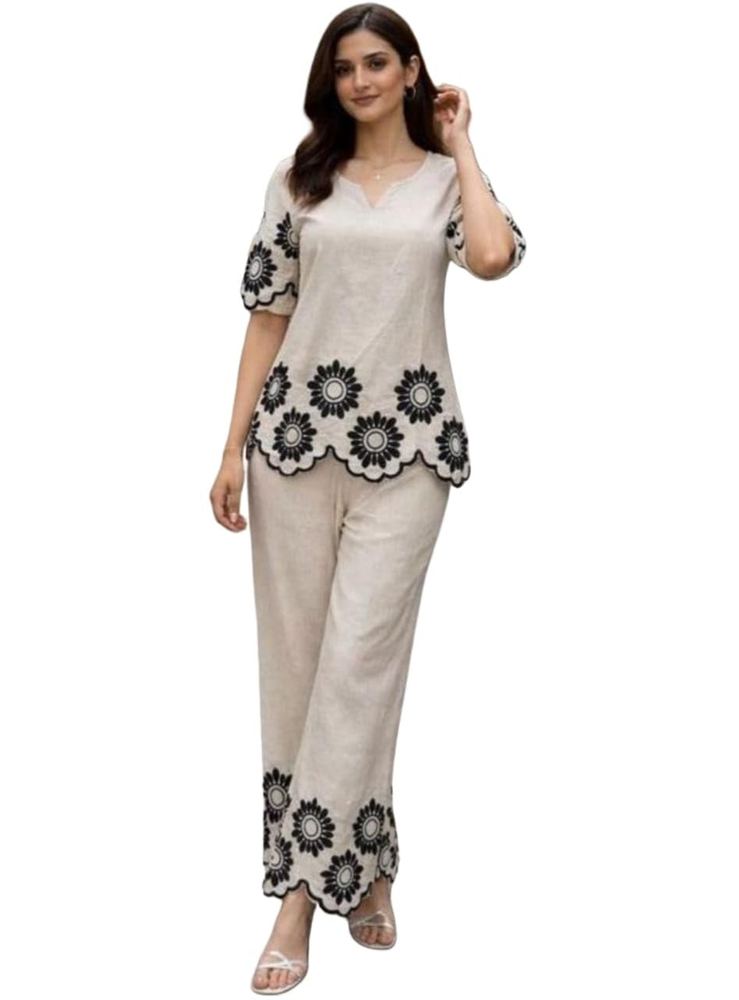 Women's Khadi Cotton Embroidered Kurta Pant Set | 2-Piece Ethnic Outfit | V-Neck 3/4 Sleeve Straight Kurti (Sapna)