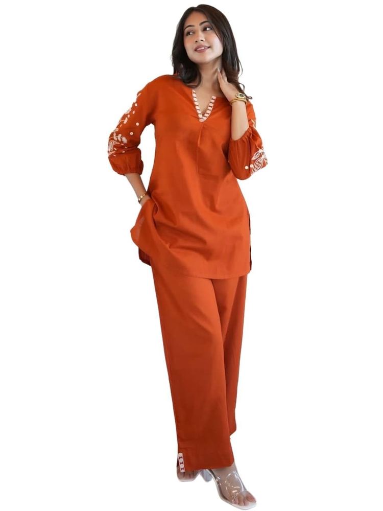 Women's Cotton Blend Embroidered Kurta Pant Set | 2-Piece Ethnic Outfit | V-Neck 3/4 Sleeve Straight Kurti (Shree)