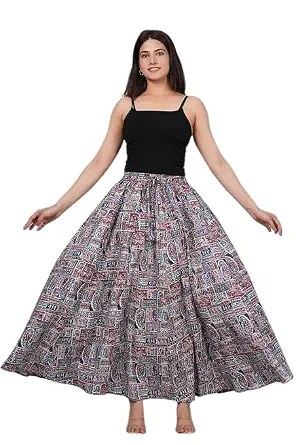 Women's Cotton Printed Long Flared Skirt | Black & White Ethnic Maxi Skirt | Casual, Party & Festive