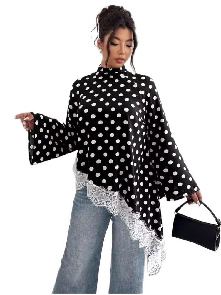 Women's Black Polka Dot Cotton A-Line Top with Lace Details | Casual Short Sleeve Tunic Top | Soft Breathable Summer Wear for Women | Sizes XS-7XL