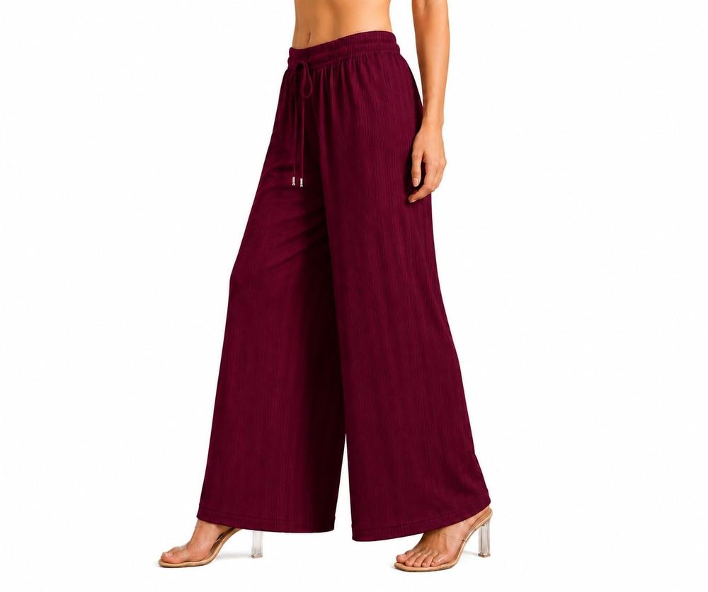 Women's Solid Ribbed Wide Leg Palazzo Pants with Drawstring Waist