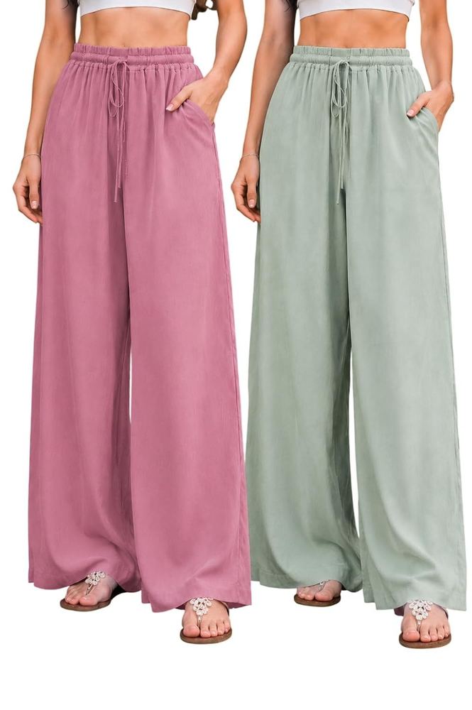 Preneum Women's Wide Leg Pants High Rise Drawstring Palazzo Trousers Soft Lightweight Casual Bottom Wear with Side Pockets Plus Pack of 2