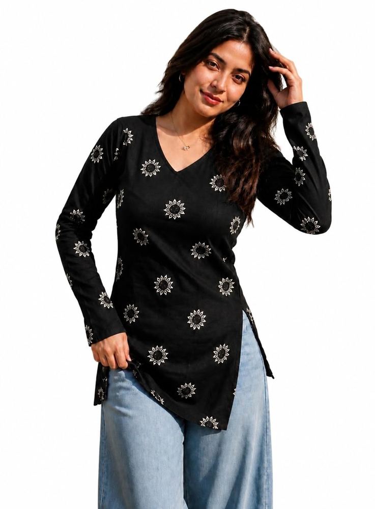 FELISIA Women's Rayon Floral Printed Full Sleeves V-Neck Short Kurti, Bell Sleeves, Short Kurti for Woman, Stylish Ethnic Top, Daily Casual Western, Office wear