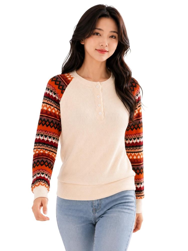 TAGAS Women's Full Sleeve Knitted Top | Round Neck Casual Wear with Contrast Zig-Zag Pattern Sleeves | Regular Fit Stylish Top for Women & Girls