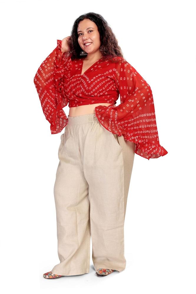 Amaira Women's Plus Size Printed Wrap Around Top with V-Neck & Flared Sleeves | Blue Ethnic Indo-Western Crop Top for Women | Casual