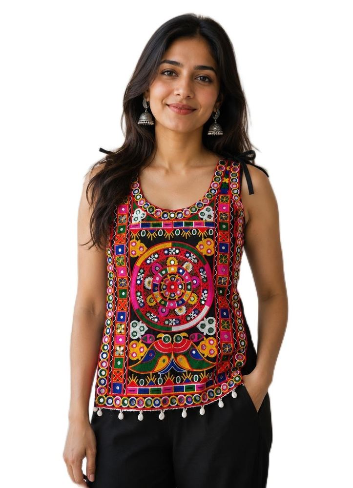 Women's Kutchi Mirror Work Embroidered Sleeveless Top, Black