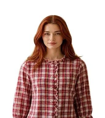 keptalive Keptalive Women's Red Plaid Check Blouse with Ruffle Detail