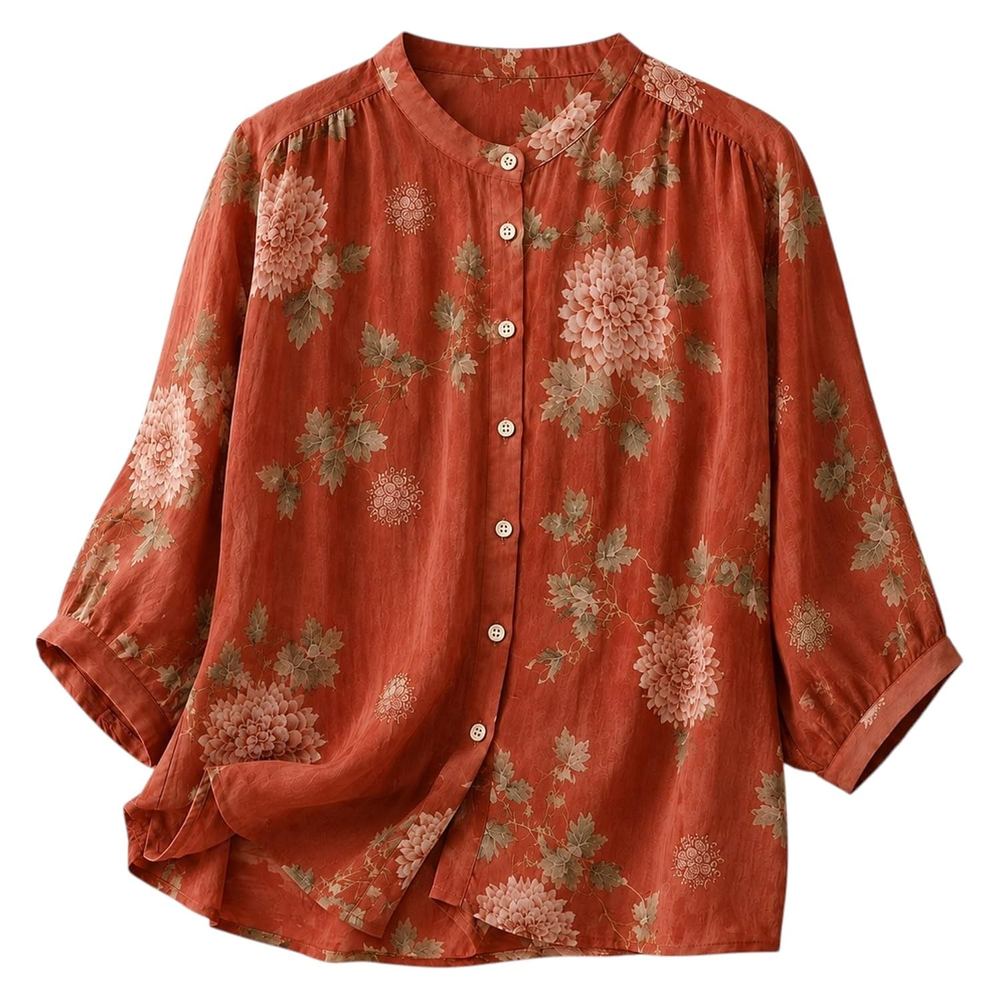 Gufrina Women's Light Rose Floral Printed Button Down Shirt with Mandarin Collar and Relaxed Fit 3/4 Sleeves