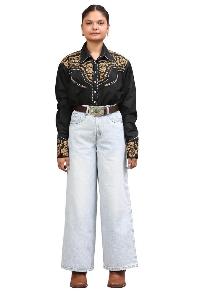 Women's ICY Blue Plain Rodeo & Ranch Jeans, High-Waist Wide-Leg Fit, 15 Oz 100% Cotton Non-Stretch Western Denim, 3-in-1 Hybrid Design