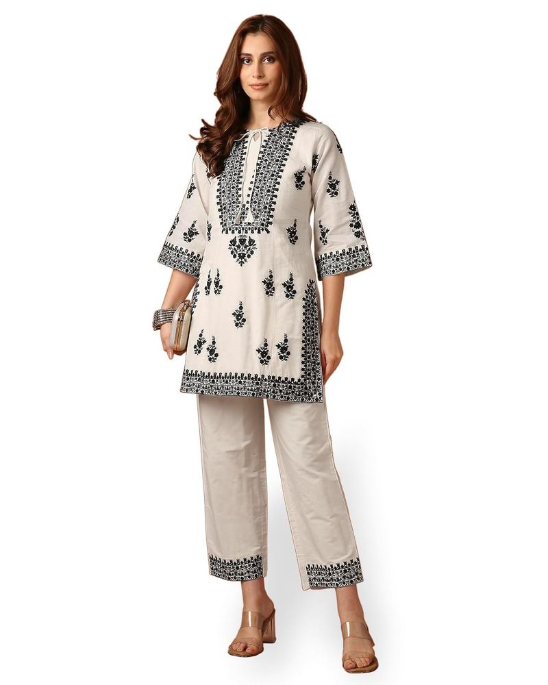 RATAN Women Cotton Straight Kurta & Pant Co-ord Set | Ethnic Chikankari Embroidered Co ord Set for Women Stylish