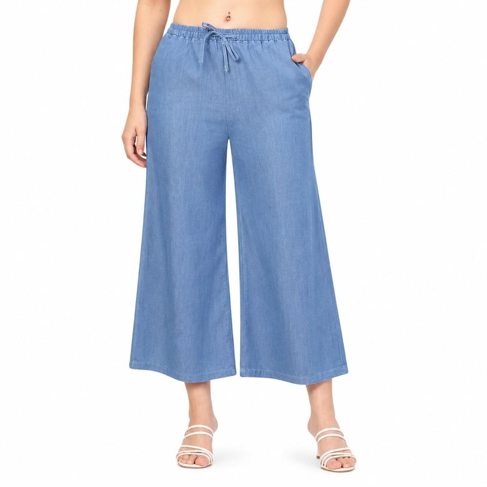 Women's Wide Leg Denim Palazzo Pants Elastic Drawstring Loose Fit