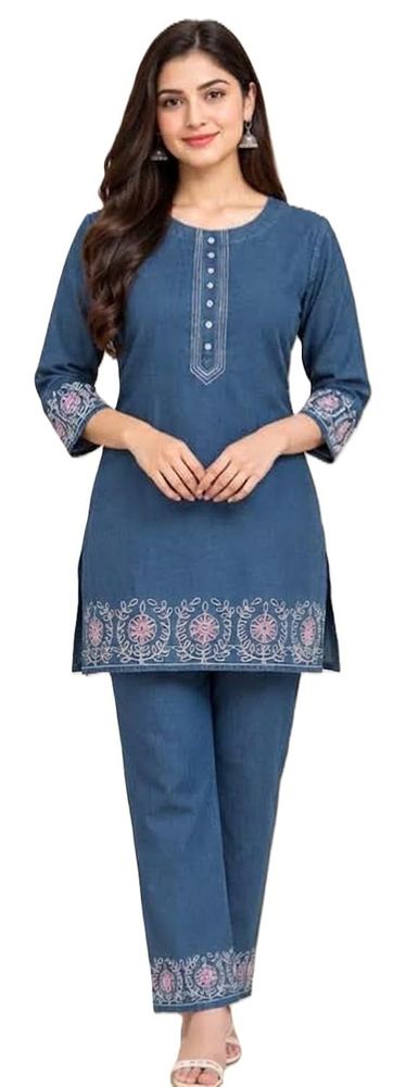 Women's Denim Co-ord Set with Embroidery, 100% Cotton Denim