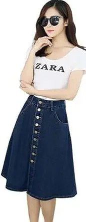 Contemporary Wardrobe Blue Denim Buttoned Everyday Skirt Navy A Line Midi Stylish Side Pockets High Waist Casual Officewear Look (26)