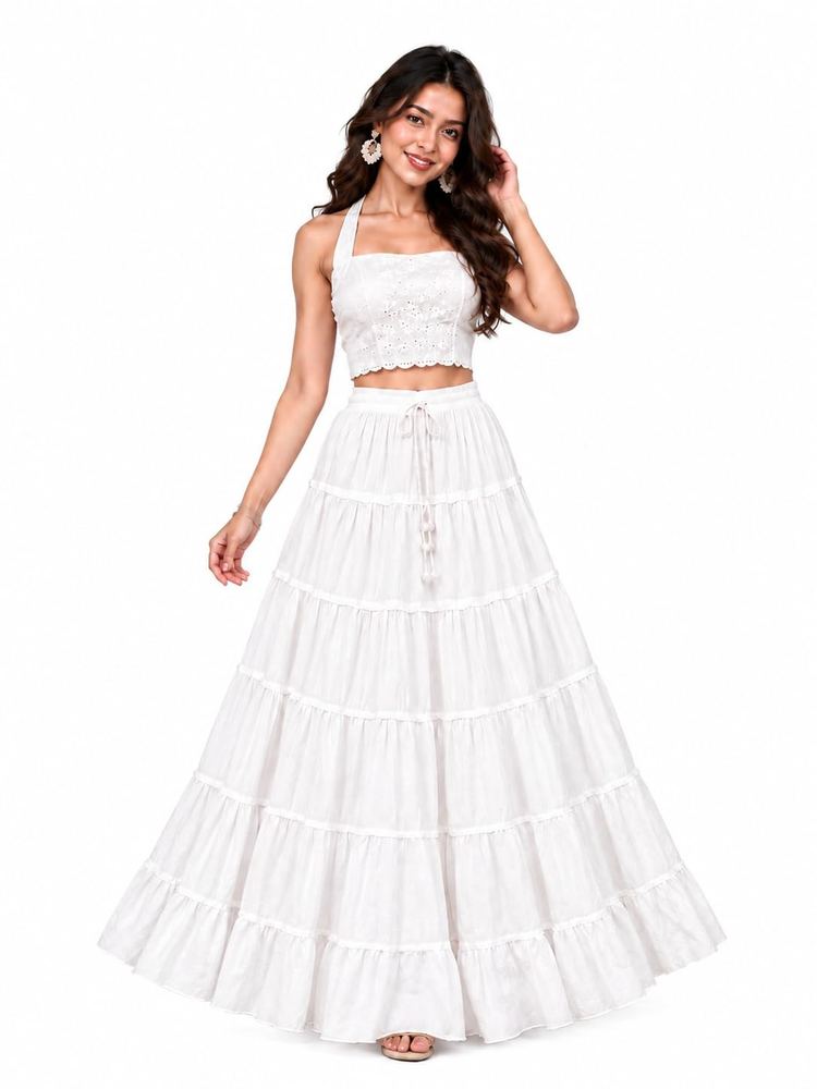 Women's Cotton Solid Tiered Maxi Skirt - 10 Meter Flared, Elastic Drawstring Waist, Free Size, Ethnic & Casual Wear