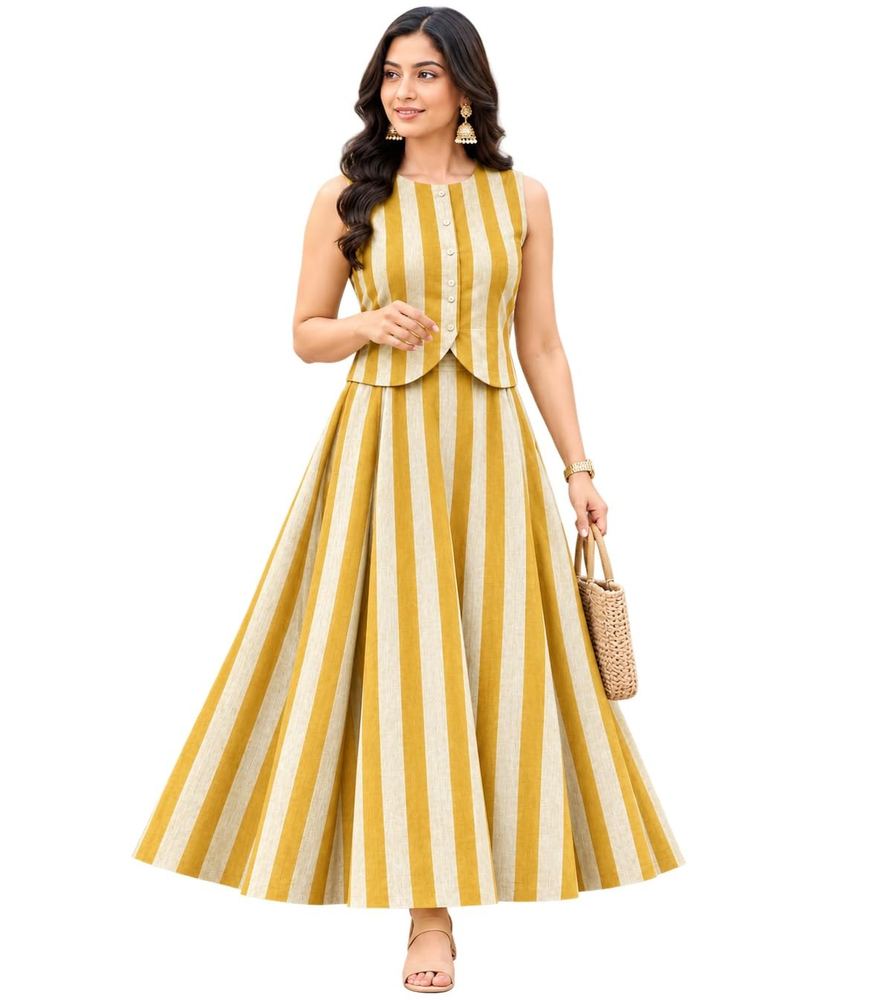 Women's Cotton Striped Co-Ord Set | Sleeveless Button Down Top with Flared Maxi Skirt | Summer Casual 2 Piece Outfit |