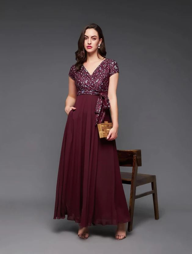 Miss Chase Women Maxi Maroon Full Length Dress