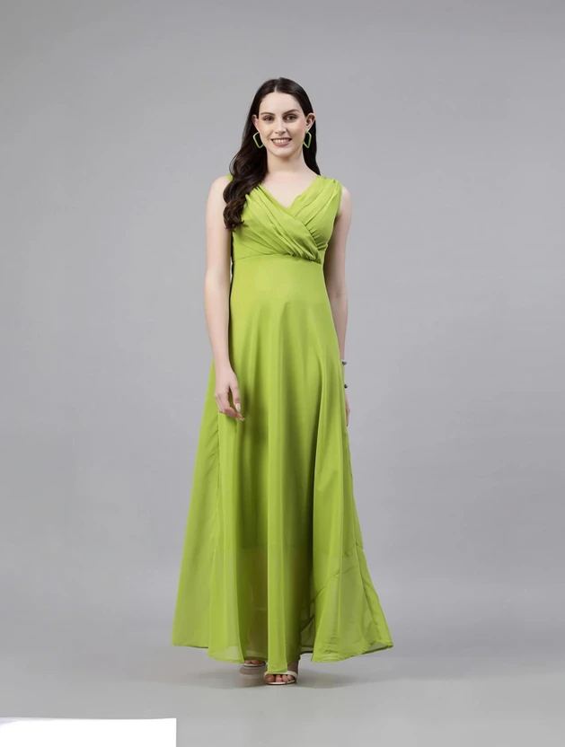 AAYU Women Fit and Flare Green Maxi/Full Length Dress