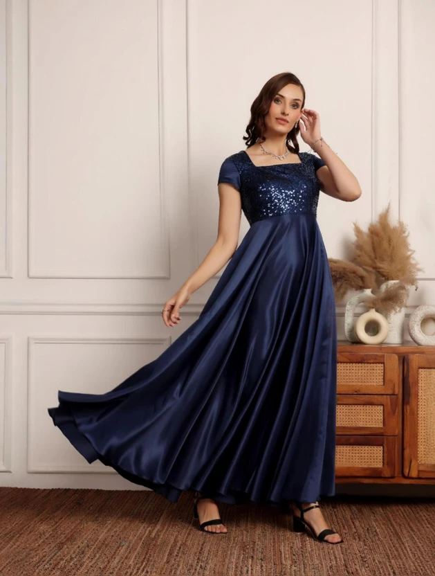 Miss Chase Women Fit and Flare Blue Maxi/Full Length Dress