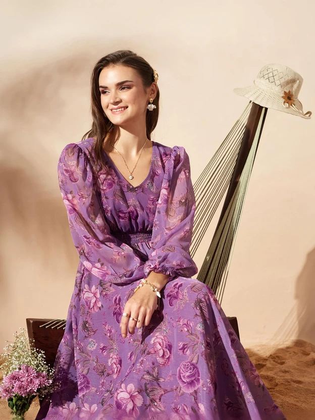 Miss Chase Women Cinched Waist Purple Maxi/Full Length Dress
