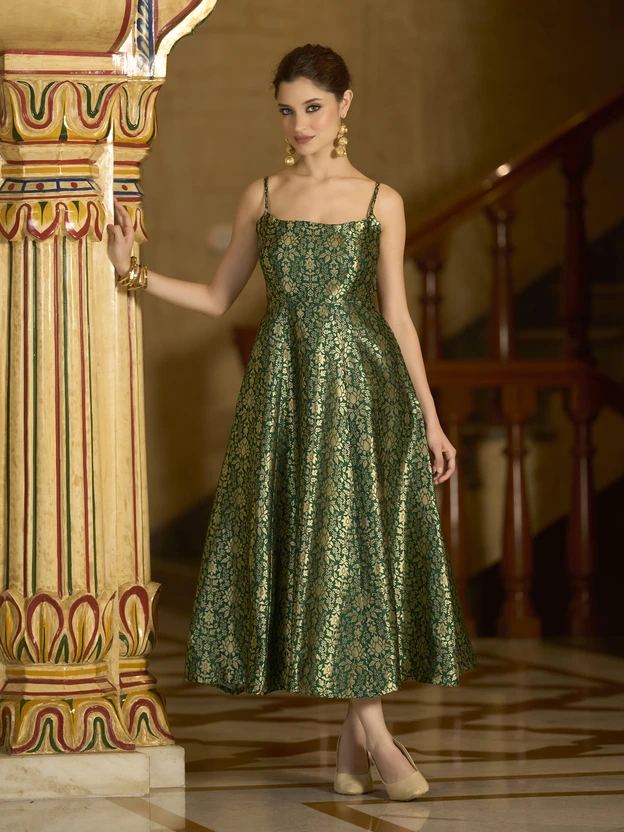 OBSHIVKA Women Fit and Flare Green Midi/Calf Length Dress
