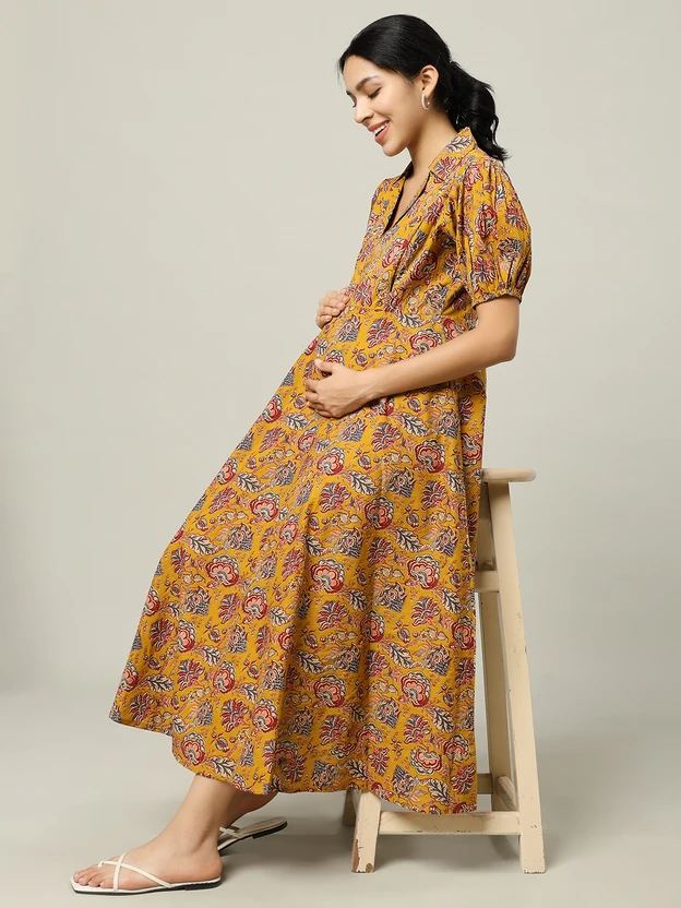 Gujari Women Fit and Flare Yellow Midi/Calf Length Dress