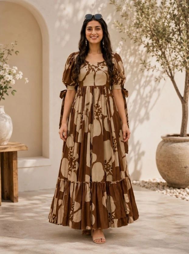 Modestouze Attires Women Fit and Flare Brown Maxi/Full Length Dress