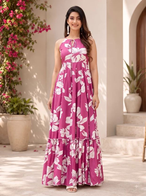 Modestouze Attires Women Fit and Flare Pink Maxi/Full Length Dress