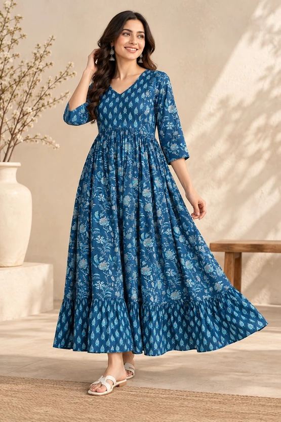 Gujari Women Fit and Flare Blue Ankle Length Dress