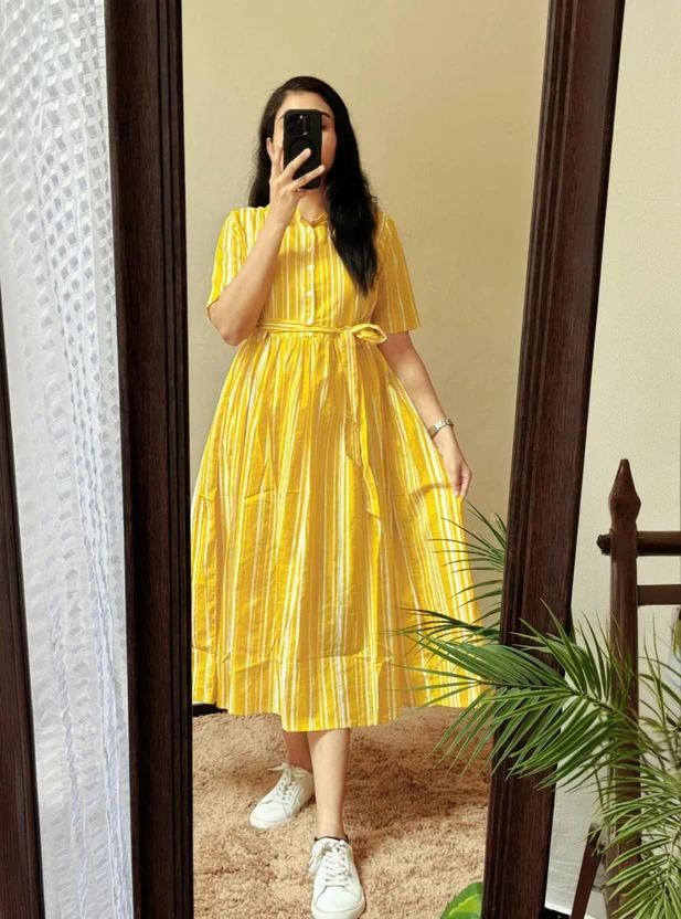 sarswa Women Fit and Flare Yellow Midi/Calf Length Dress