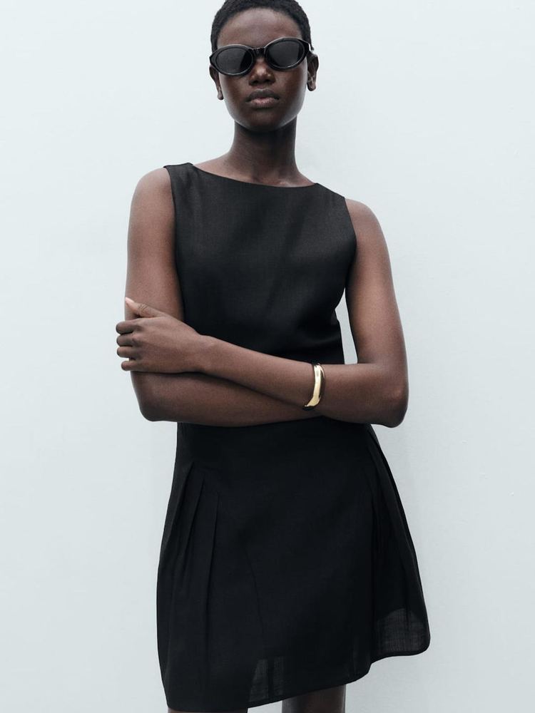 Pleated Boat Neck Mini A-Line Dress