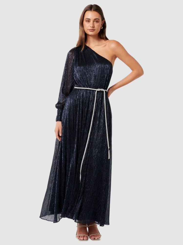 Blue Solid Full Sleeves Maxi Dress and Belt (Set of 2)